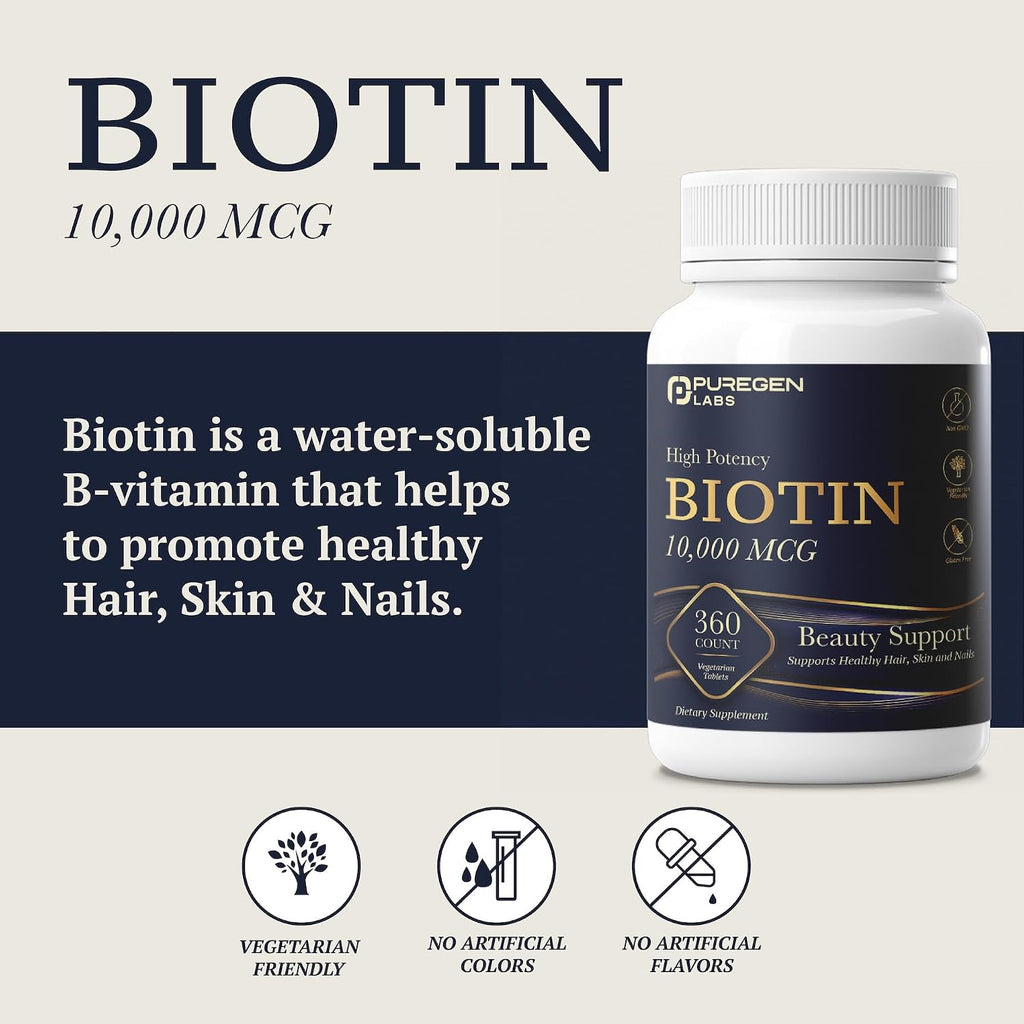 Puregen Labs Biotina 10.000 mcg – 360 Comprimidos Vegetarianos – Apoyo para Cabello, Piel y Uñas