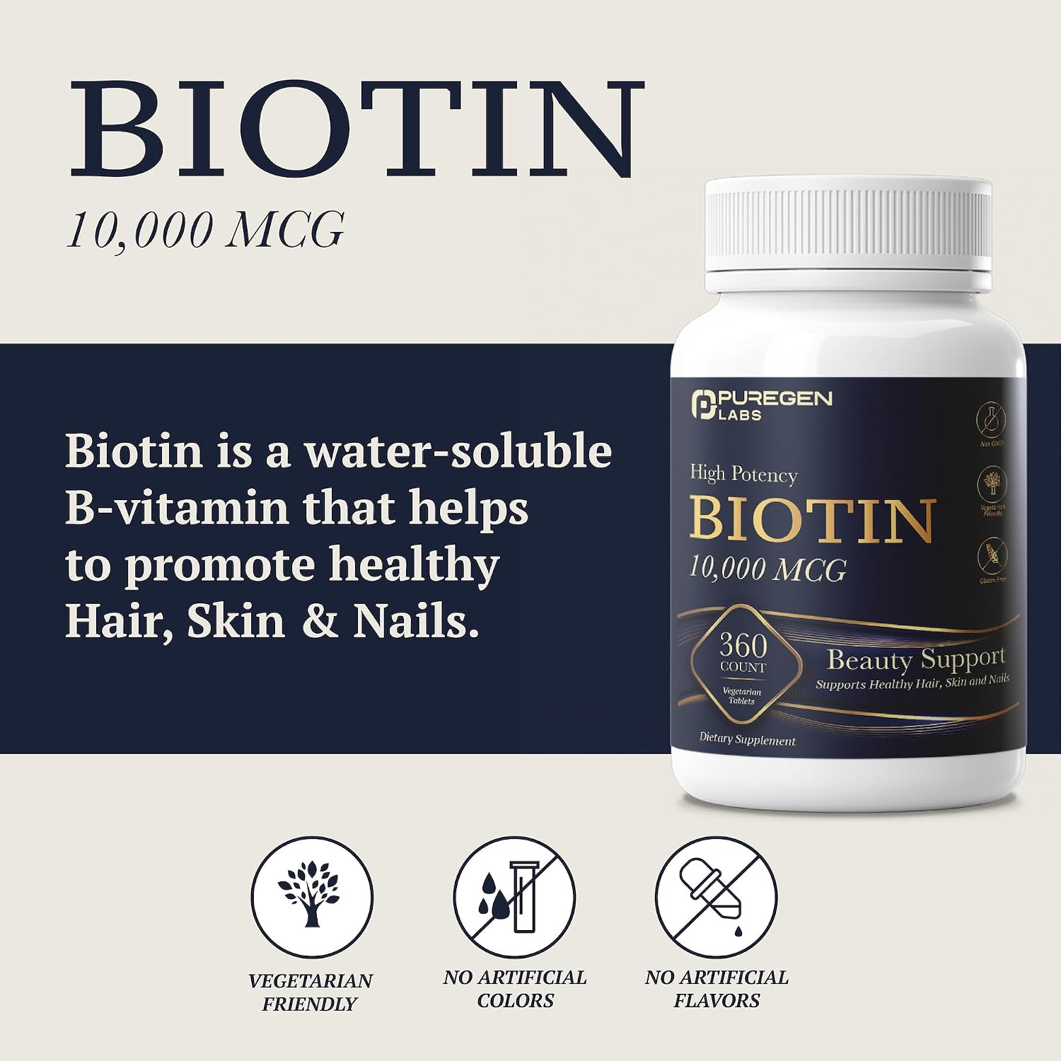 Puregen Labs Biotina 10.000 mcg – 360 Comprimidos Vegetarianos – Apoyo para Cabello, Piel y Uñas