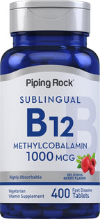 Piping Rock Vitamina B12 Sublingual | 1000 mcg | 400 Comprimidos | Metilcobalamina | Sabor a Frutos del Bosque