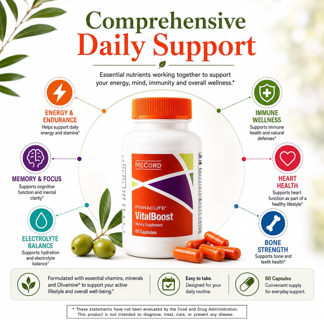 McCord VitalBoost: Complemento de Energía, Memoria e Inmunidad con Vitamina D3, Magnesio, Zinc y Olivamina - 60 Cápsulas