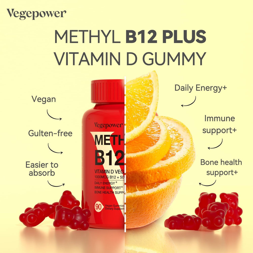 VEGEPOWER Gominolas Veganas de Vitamina D3 y B12, Metilcobalamina, para Adultos y Niños, Sabor Naranja, 90 Gominolas