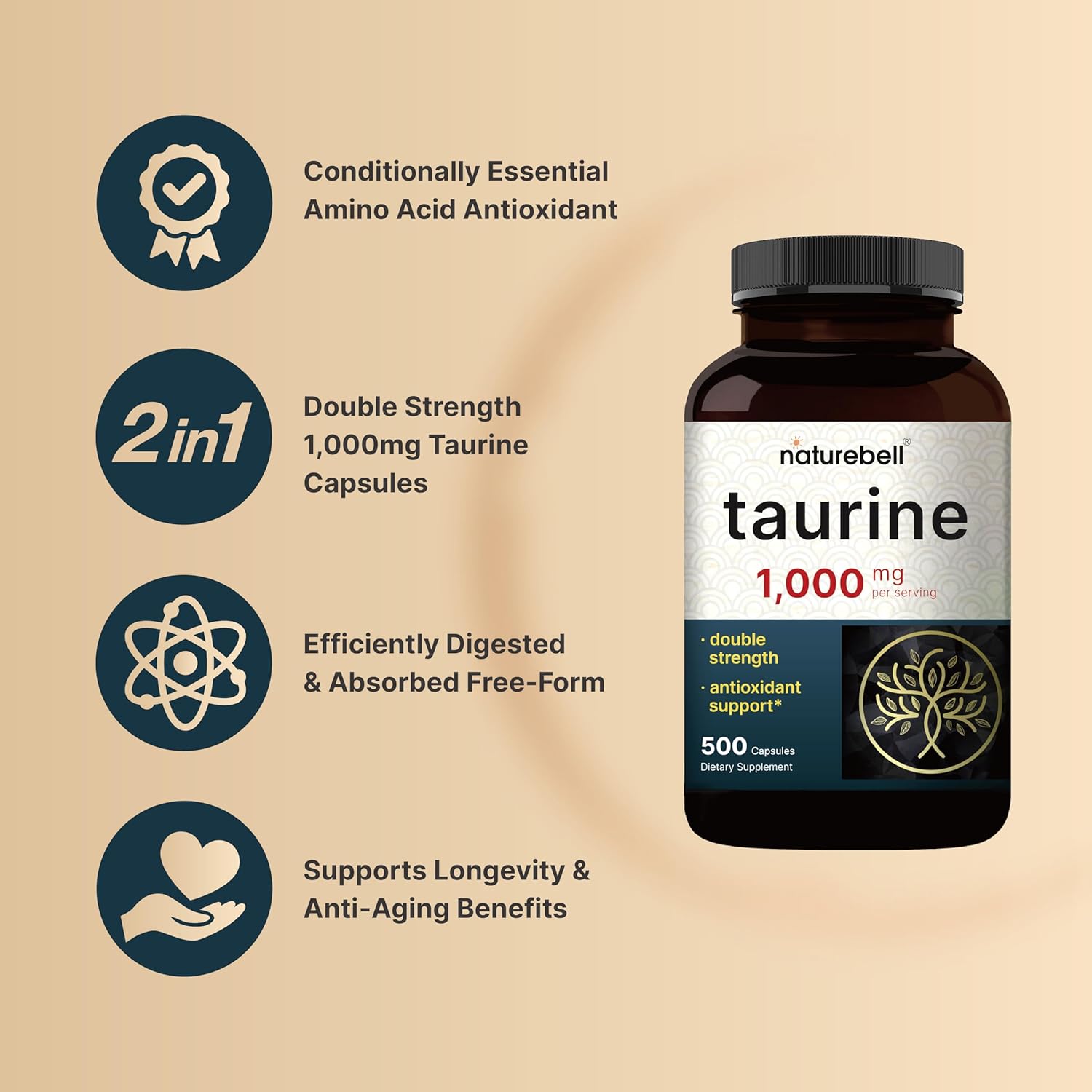 NatureBell Taurina 1.000mg por Dosis, 500 Cápsulas | Suplemento de Aminoácidos Esenciales