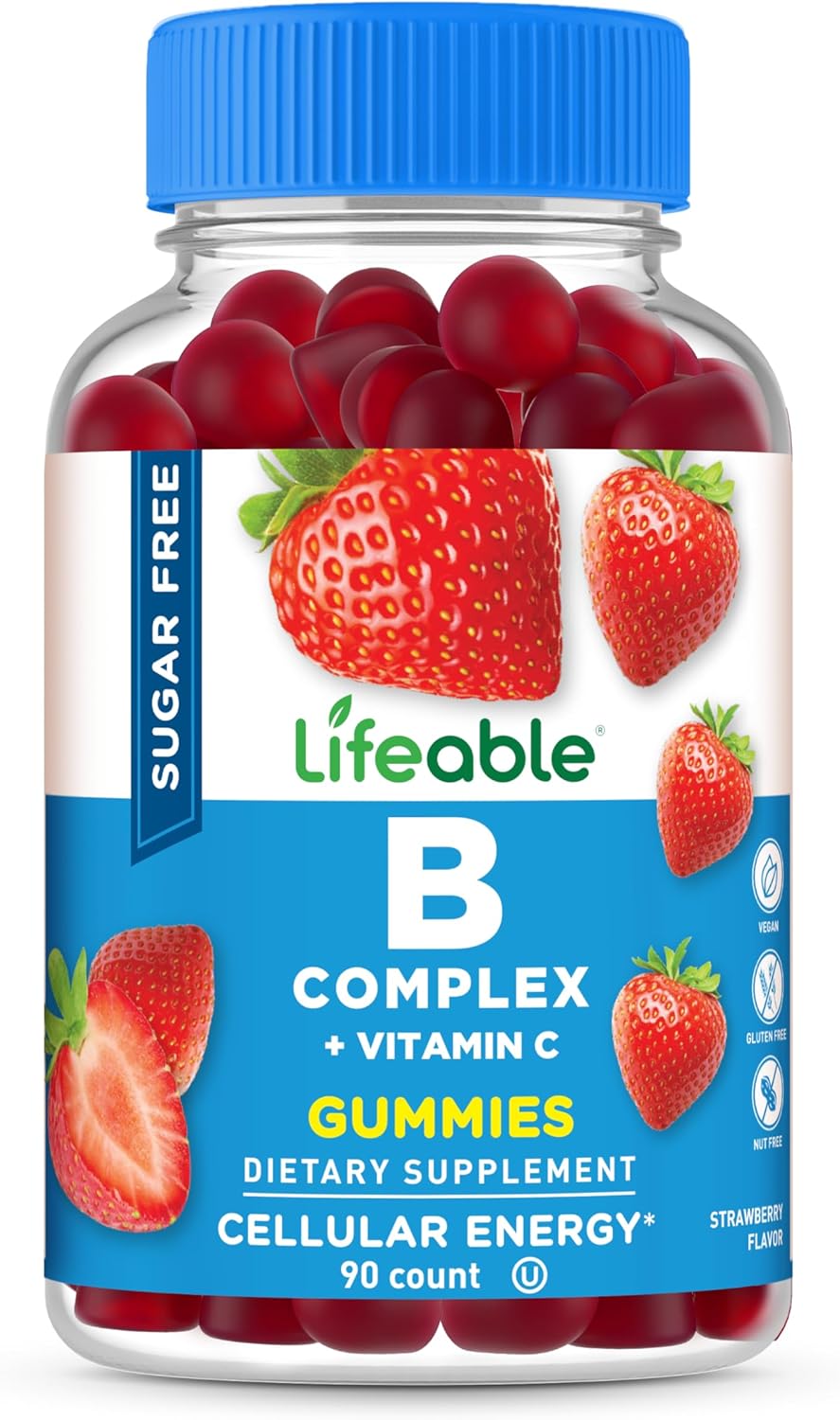 Lifeable Gomitas de Complejo B Sin Azúcar con Vitamina C - 90 Gomitas Sabor Fresa
