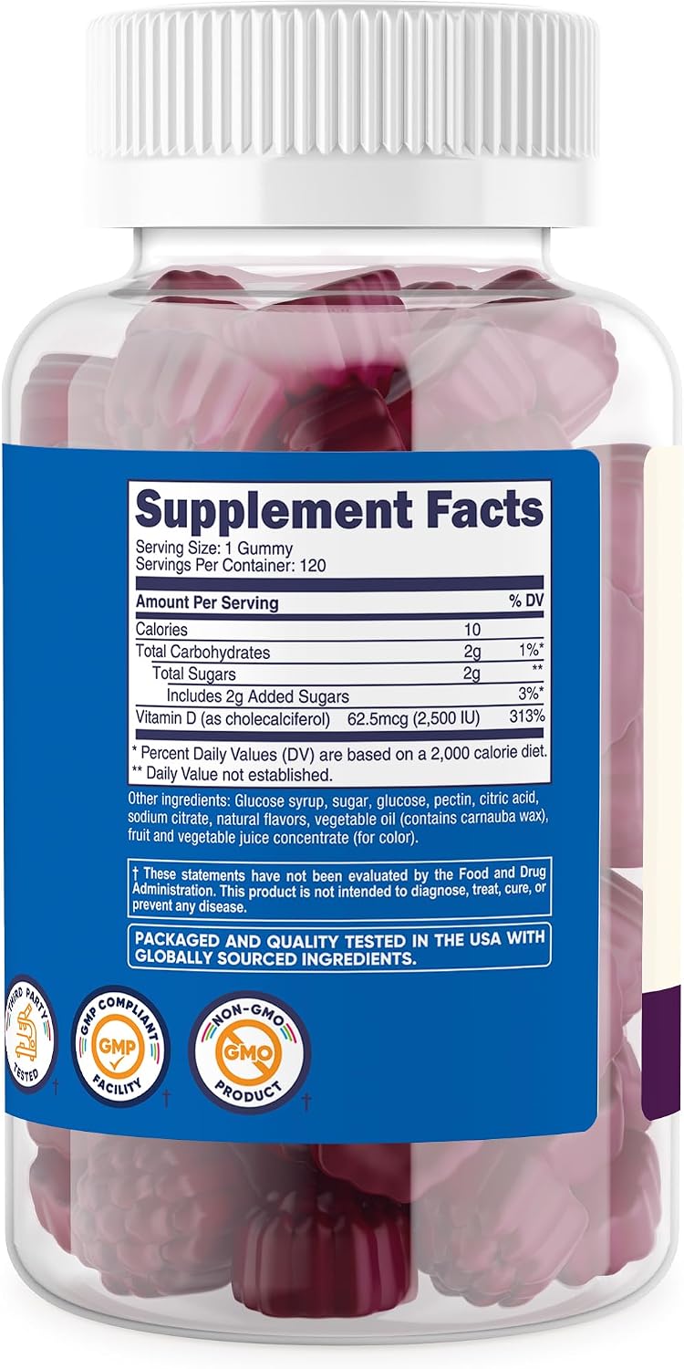 Nutricost Gomitas de Vitamina D3 para Niños 2500 UI (62.5 mcg), 120 Gomitas - Sabor a Bayas Mixtas