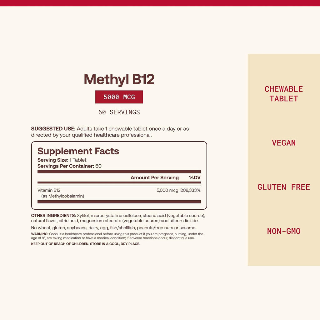 Jarrow Formulas Metilcobalamina B12 5000 mcg - 60 Comprimidos Masticables Sabor Fruta