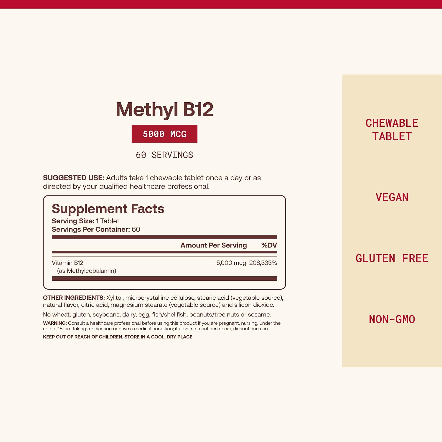 Jarrow Formulas Metilcobalamina B12 5000 mcg - 60 Comprimidos Masticables Sabor Fruta