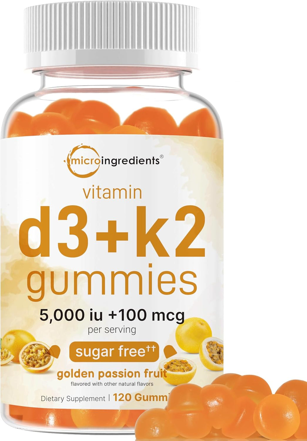 Micro Ingredients Vitamina D3 K2 Gummies, 120 unidades | 5.000 UI Vitamina D + 100 mcg K2 MK-7 | Gominolas sin azúcar sabor maracuyá | No GMO, Sin Gluten