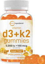 Micro Ingredients Vitamina D3 K2 Gummies, 120 unidades | 5.000 UI Vitamina D + 100 mcg K2 MK-7 | Gominolas sin azúcar sabor maracuyá | No GMO, Sin Gluten