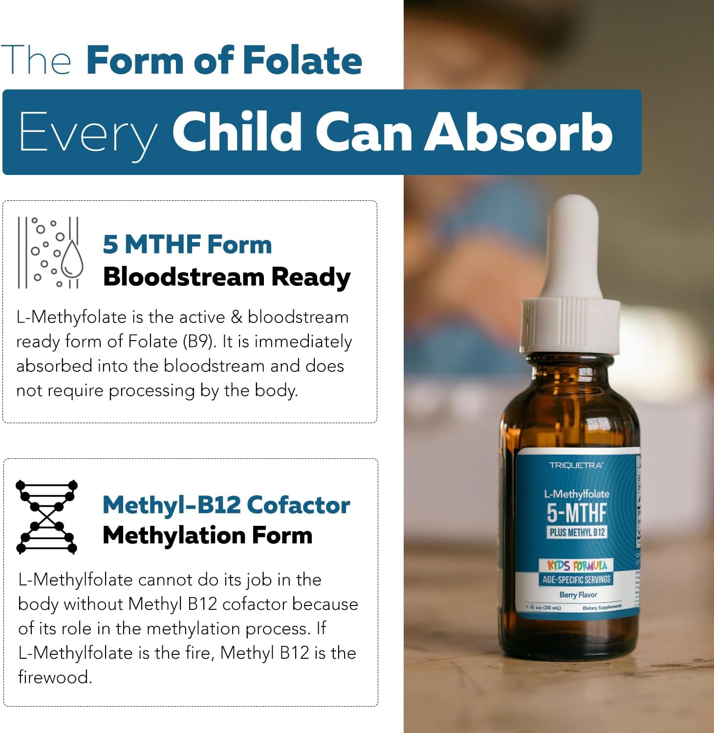 L-Metilfolato Orgánico para Niños + Metil B12 - Forma Sublingual - 5-MTHF - Sabor a Bayas Orgánico - 30 ml