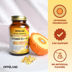 Oppuland Vitamina D3 + K2 5000 UI - Tecnología Liposomal - MK-7 Vitamina K2 100 mcg - Complemento para Huesos y Metabolismo del Calcio - 180 Cápsulas Blandas