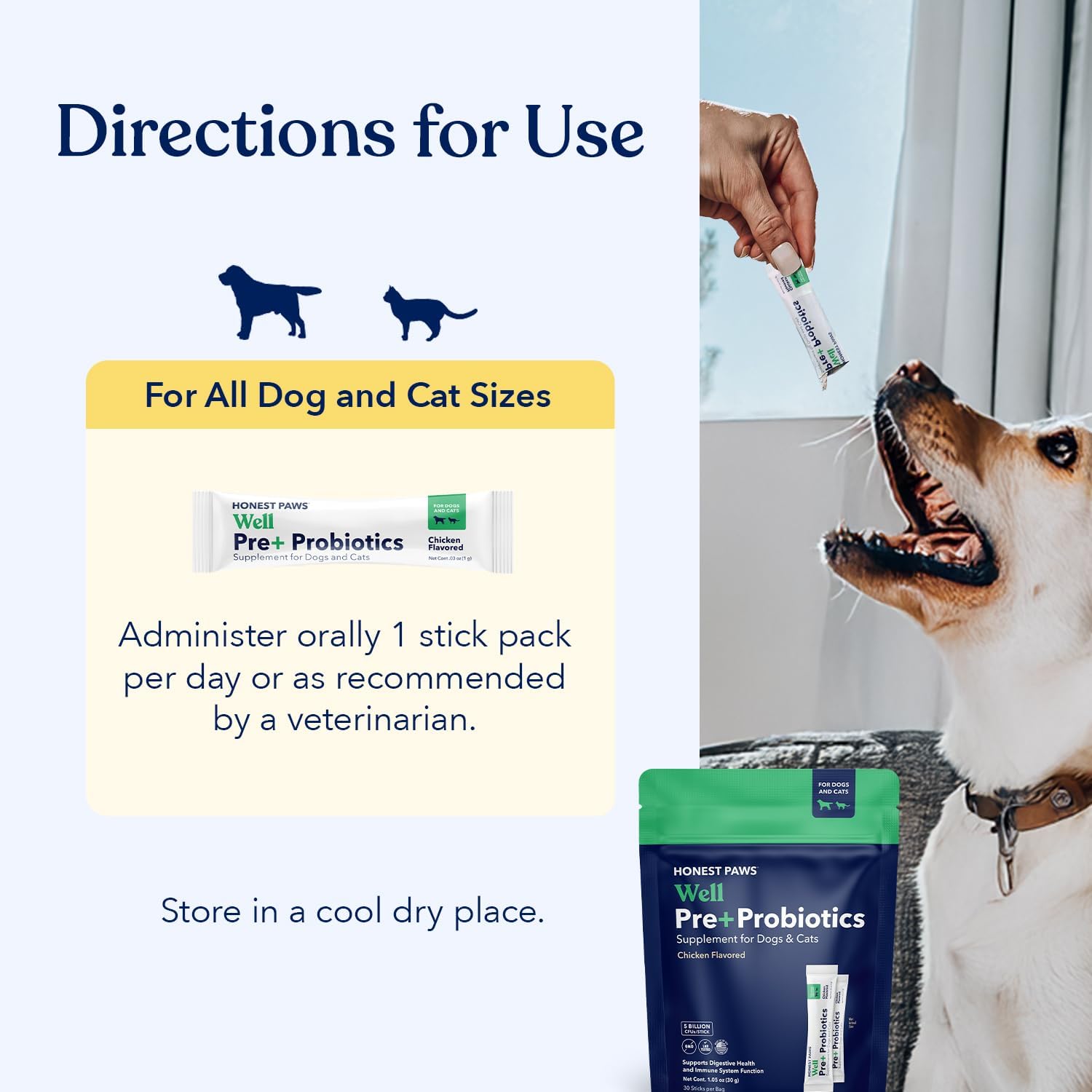 Honest Paws Probióticos para perros - Apoyo digestivo e inmunitario con prebiótico, 30 sticks