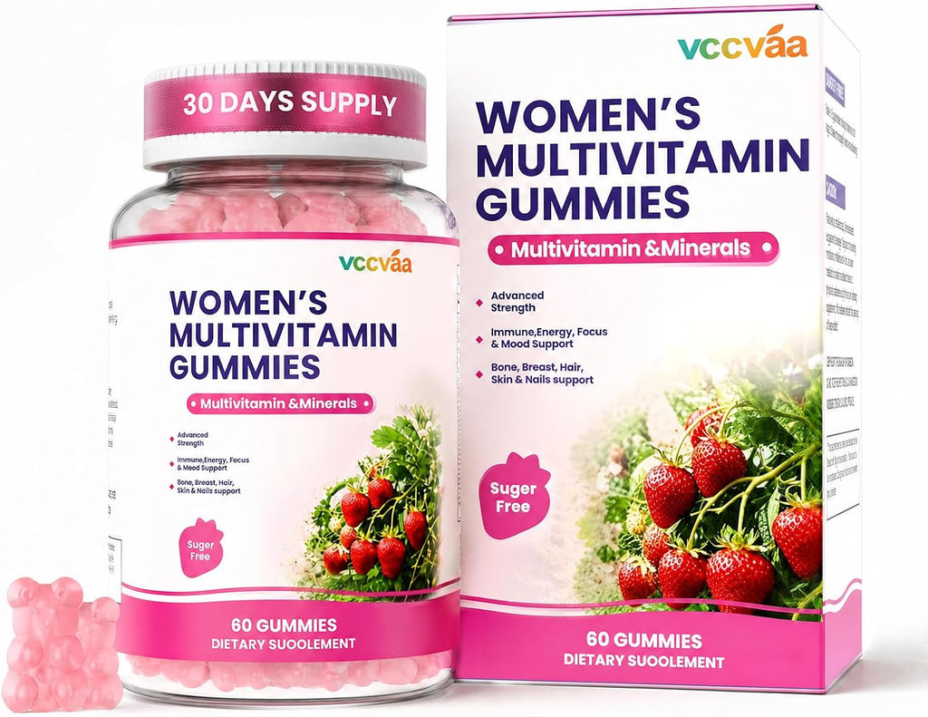 Vccvaa Gominolas Multivitamínicas Sin Azúcar para Mujeres 14+ con Hierro, Inositol, Folato, Vitaminas A C D3 E B12 K2, Mezcla de Hierbas y Minerales – 60 unidades