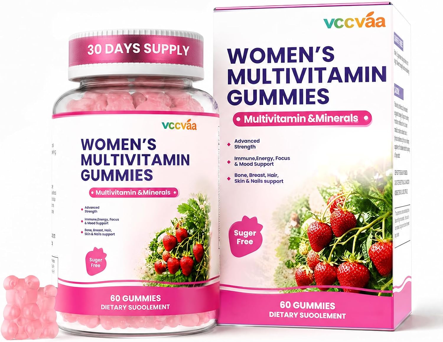 Vccvaa Gominolas Multivitamínicas Sin Azúcar para Mujeres 14+ con Hierro, Inositol, Folato, Vitaminas A C D3 E B12 K2, Mezcla de Hierbas y Minerales – 60 unidades