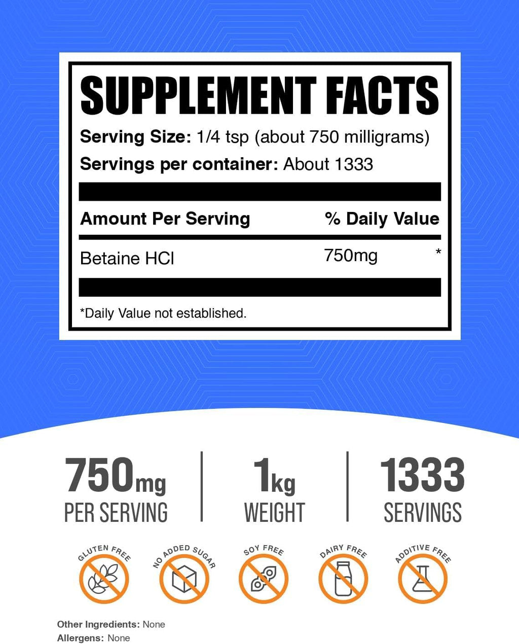 BulkSupplements Betaina HCl en Polvo - Suplemento de Clorhidrato de Betaína, Apoyo Digestivo - Sin Gluten, 750mg por Ración, 1kg (2.2 lbs)