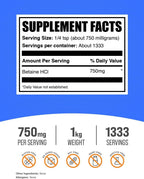 BulkSupplements Betaina HCl en Polvo - Suplemento de Clorhidrato de Betaína, Apoyo Digestivo - Sin Gluten, 750mg por Ración, 1kg (2.2 lbs)
