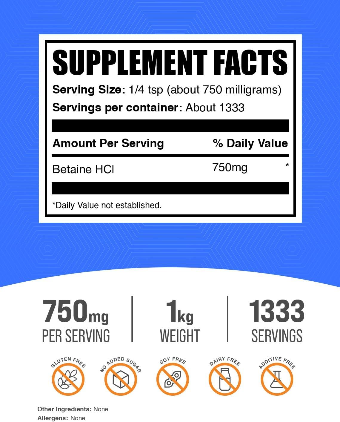 BulkSupplements Betaina HCl en Polvo - Suplemento de Clorhidrato de Betaína, Apoyo Digestivo - Sin Gluten, 750mg por Ración, 1kg (2.2 lbs)