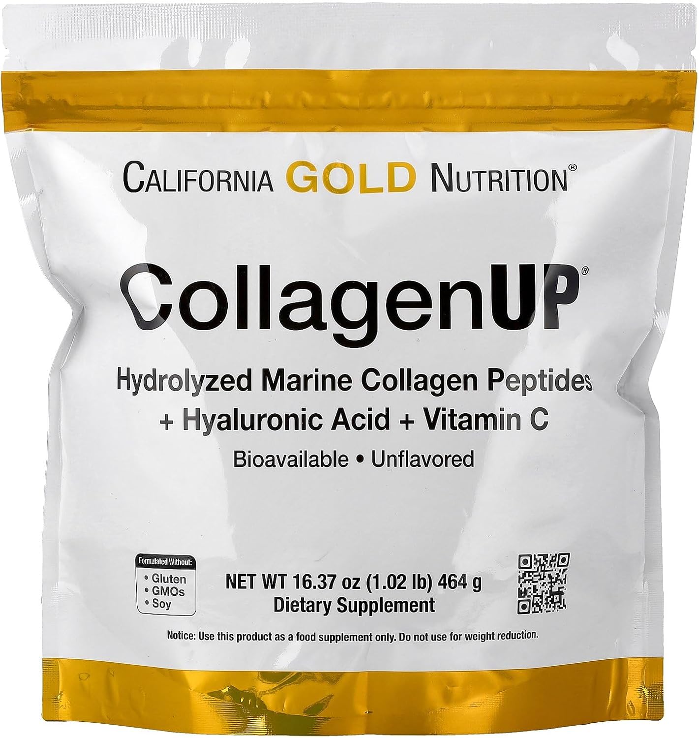 California Gold Nutrition CollagenUP®, Péptidos de Colágeno Marino Hidrolizado con Ácido Hialurónico y Vitamina C, Sin Sabor, 206 g