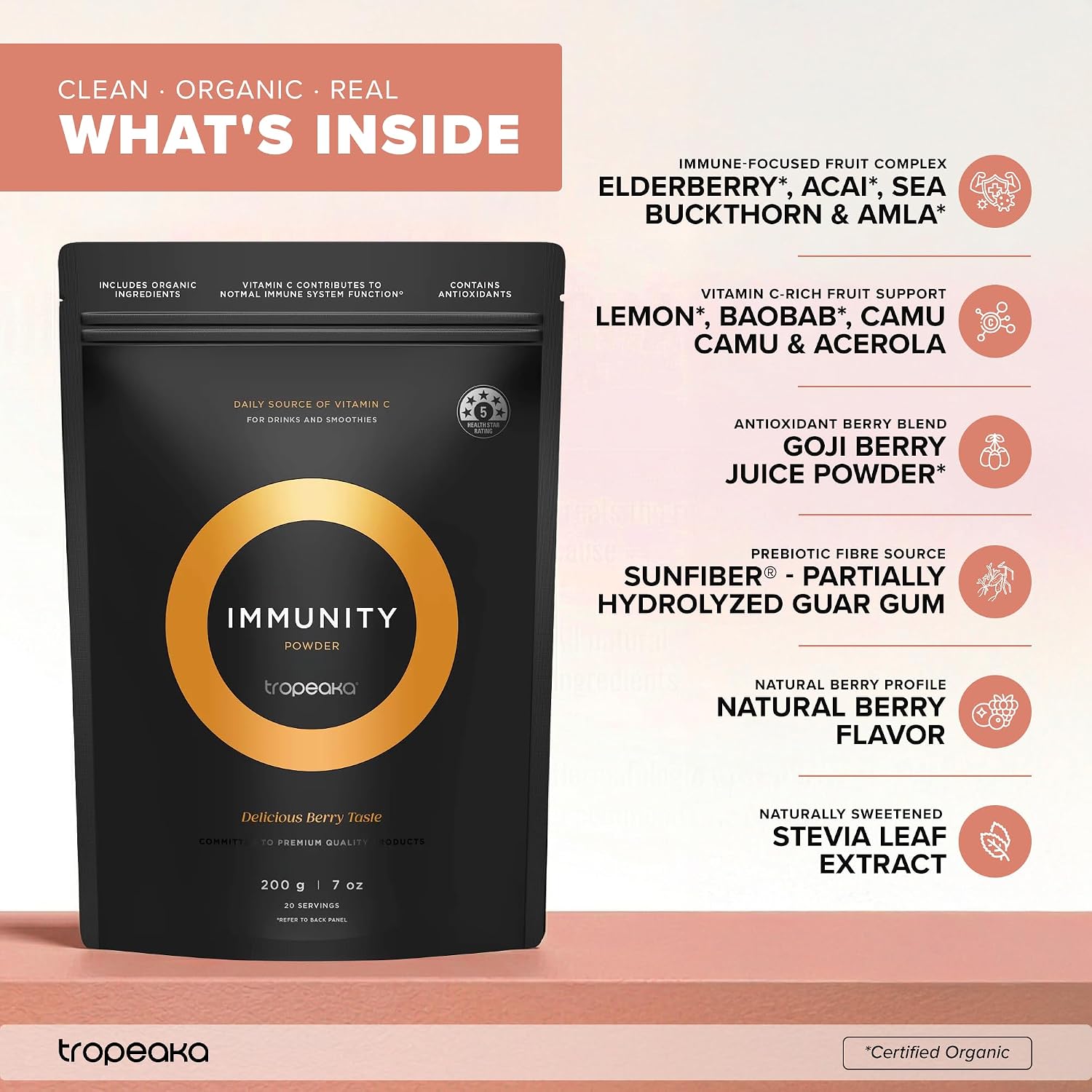 Tropeaka Immunity Powder – Suplemento inmunológico en polvo con vitamina C y colágeno marino