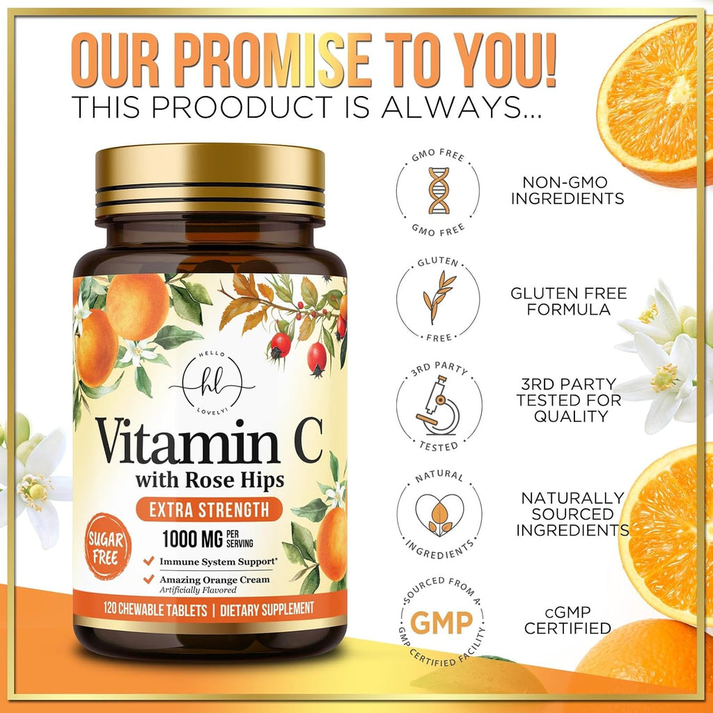 Vitamin C 1000mg con Rosa Mosqueta y Bioflavonoides – Suplemento Masticable Sin Azúcar