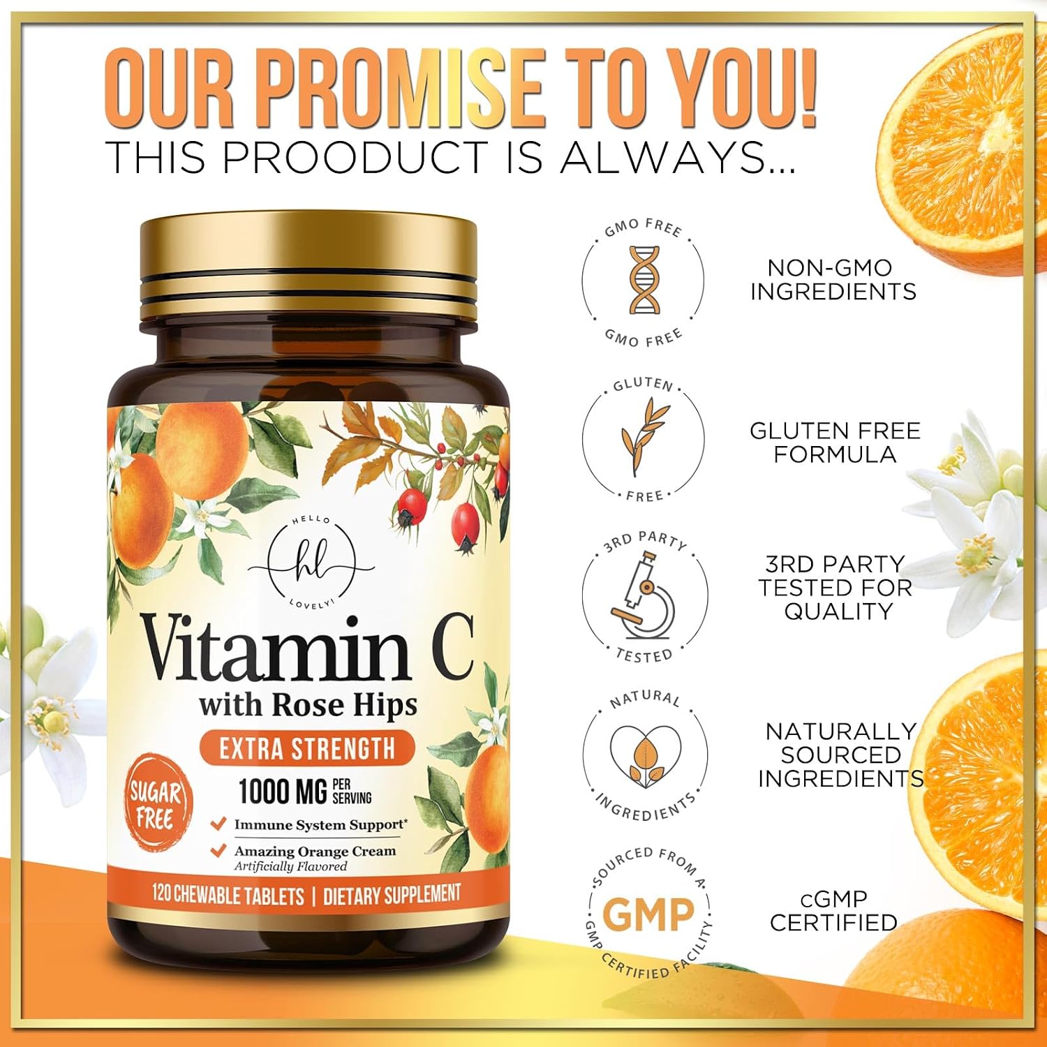 Vitamin C 1000mg con Rosa Mosqueta y Bioflavonoides – Suplemento Masticable Sin Azúcar