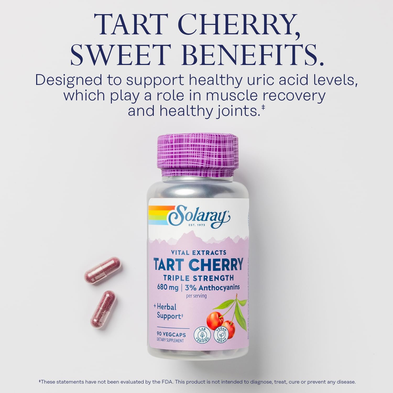 SOLARAY Triple Strength Tart Cherry Extract with 3% Anthocyanins, 90 Vegan Capsules