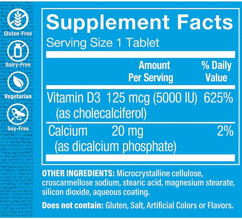 The Vitamin Shoppe Vitamina D3 5000IU – Salud Ósea e Inmunitaria – 120 Cápsulas Blandas