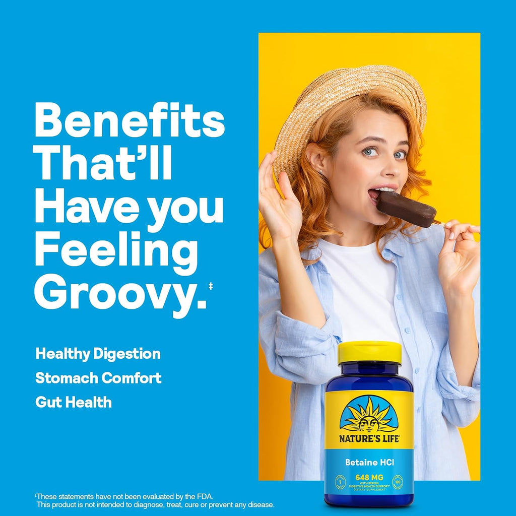 Nature's Life Betaína HCl con Pepsina – Suplemento Digestivo, 100 Cápsulas