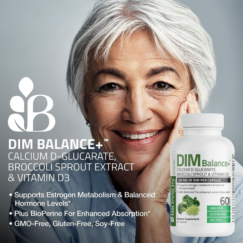 Bronson DIM Balance+ con Calcio D-Glucarato, Extracto de Brotes de Brócoli y Vitamina D3, 200 mg de DIM por Cápsula, 60 Cápsulas Vegetales