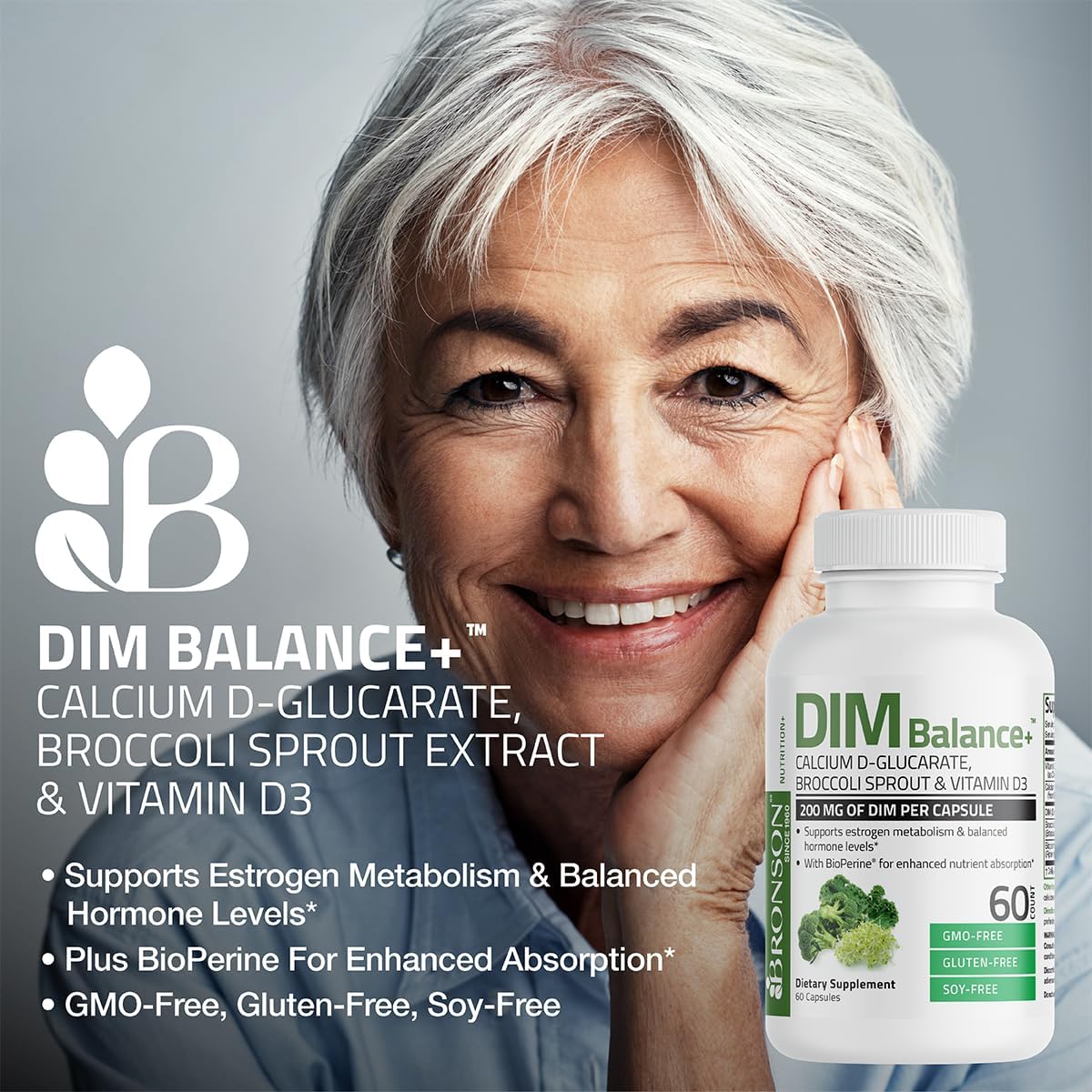 Bronson DIM Balance+ con Calcio D-Glucarato, Extracto de Brotes de Brócoli y Vitamina D3 | 200 mg de DIM por Cápsula | Apoya el Metabolismo del Estrógeno y el Equilibrio Hormonal | 60 Cápsulas Vegetales