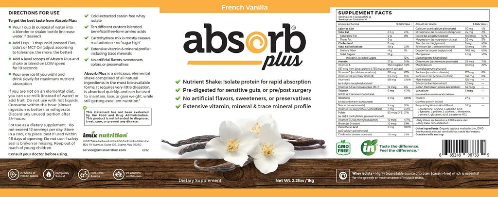 Absorb Plus Isolate Protein - Complemento Alimenticio con Proteína Aislada, Vitaminas y Minerales (Vainilla Francesa, 1 kg)