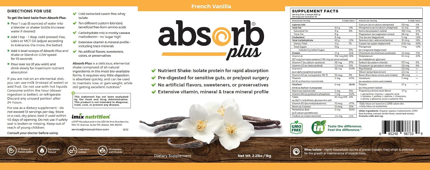 Absorb Plus Isolate Protein - Complemento Alimenticio con Proteína Aislada, Vitaminas y Minerales (Vainilla Francesa, 1 kg)