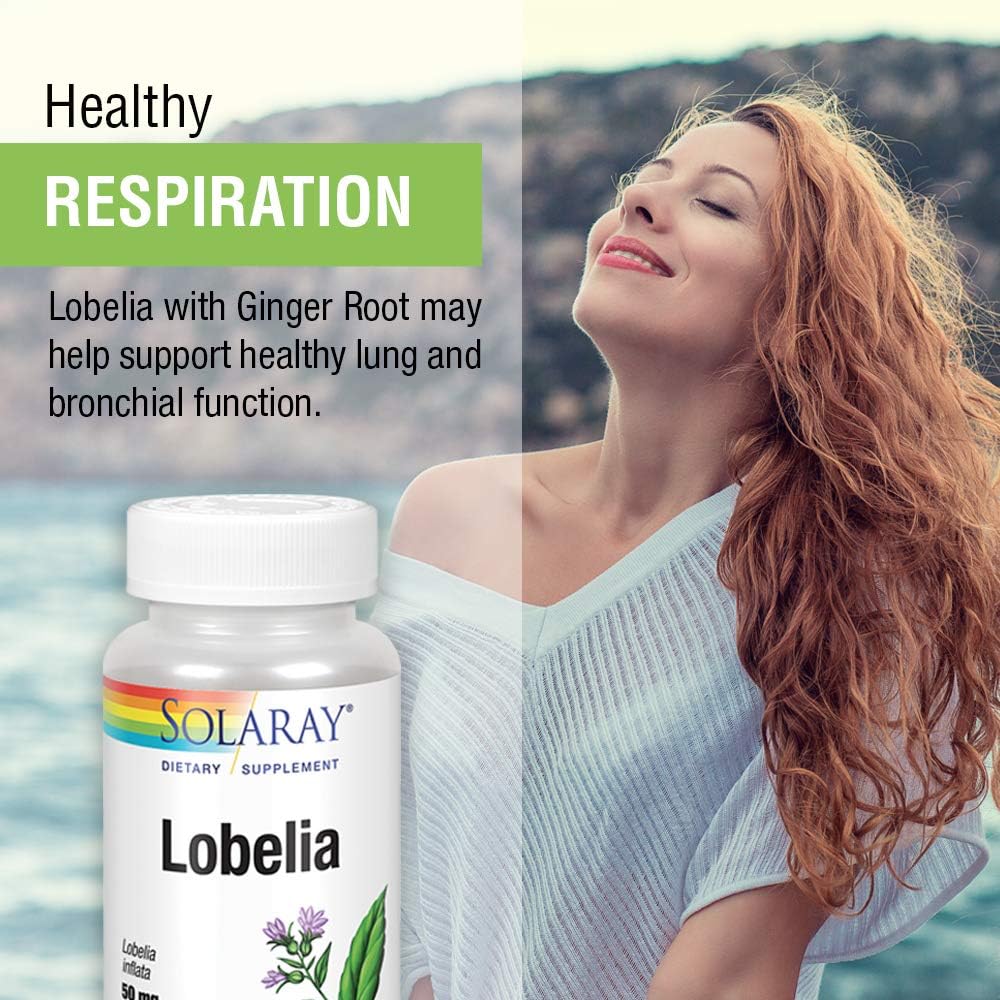 SOLARAY Lobelia Aerial 50mg con Jengibre - Apoyo Respiratorio y Bronquial - No Transgénico y Vegano - 100 Cápsulas