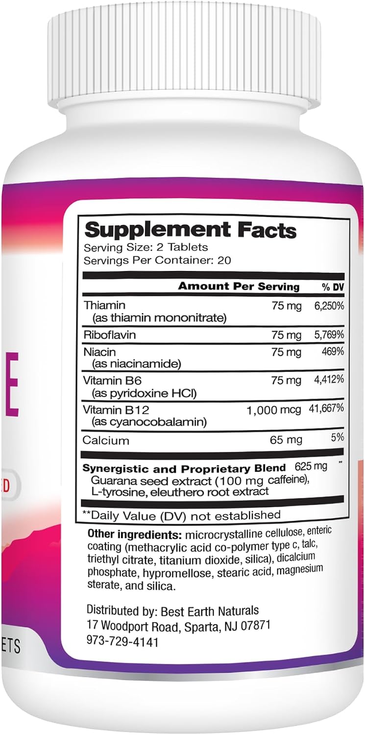 Best Earth Naturals Time Release Caffeine with L-Tyrosine, Vitamin B6, Vitamin B12, Thiamin & More - Suplemento Energético - 40 Comprimidos