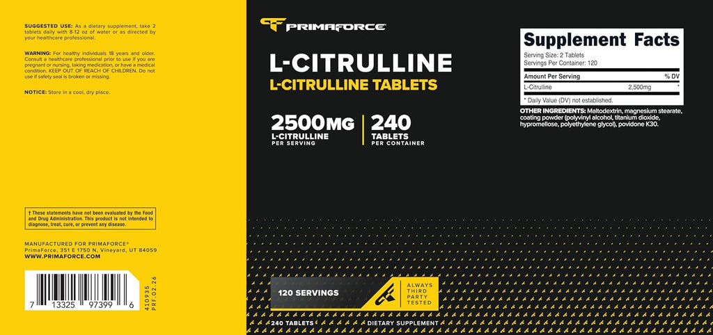 Primaforce L-Citrulline 2500mg, 240 Comprimidos, 120 Dosis