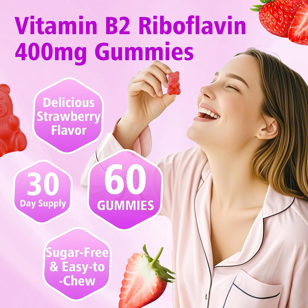 Gominolas de Vitamina B2 - Riboflavina 400 mg con Magnesio y CoQ10 - Sabor Fresa, 60 gominolas