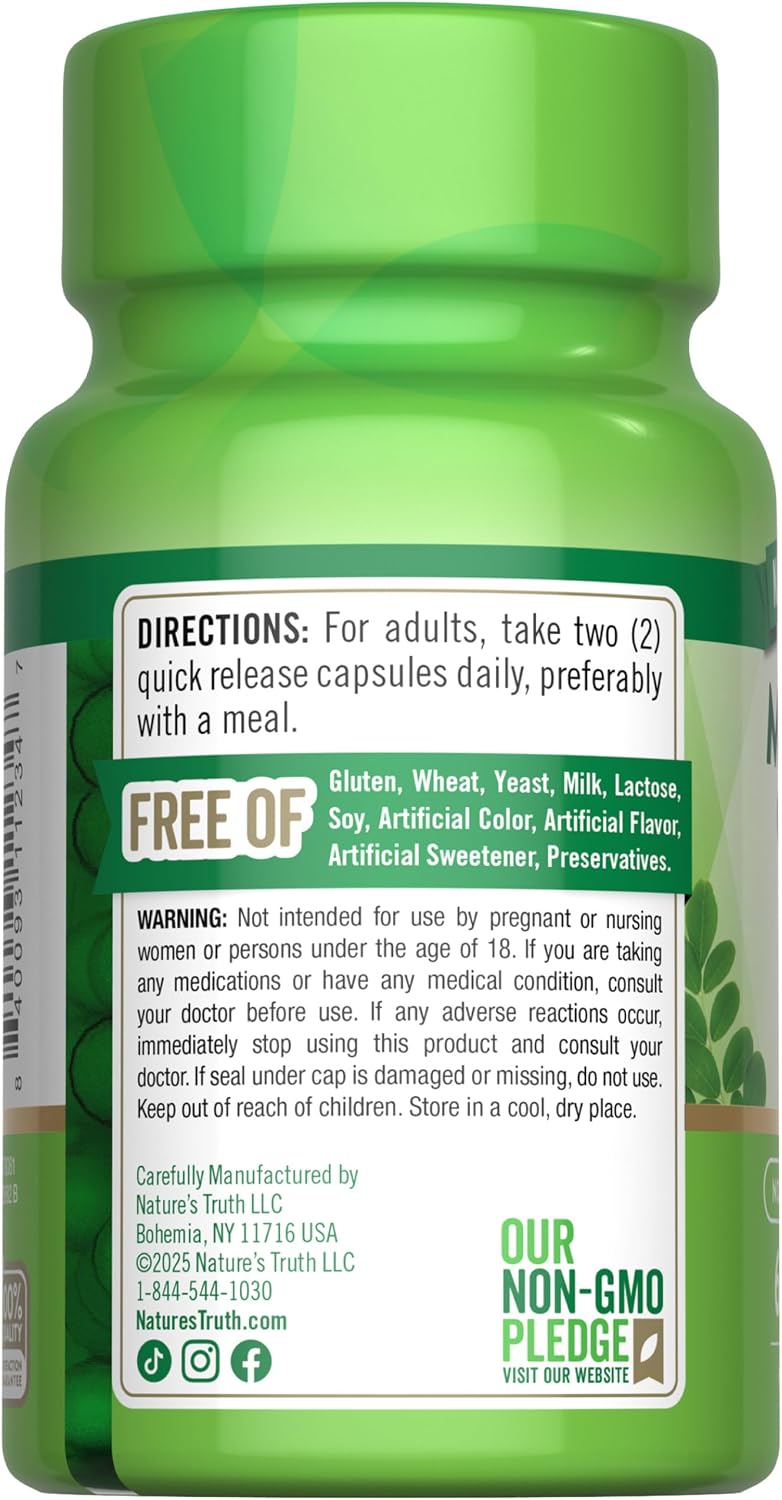 Nature's Truth Moringa Oleifera en Cápsulas | Extracto de Hoja | Sin Gluten y No GMO