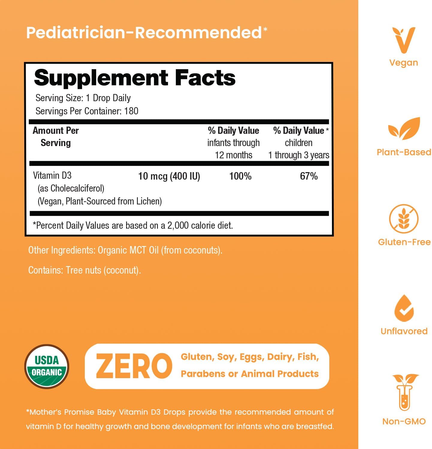 Mother's Promise Gotas Orgánicas de Vitamina D3 para Bebés - 100% Vegetal, 400 UI, 180 Dosis