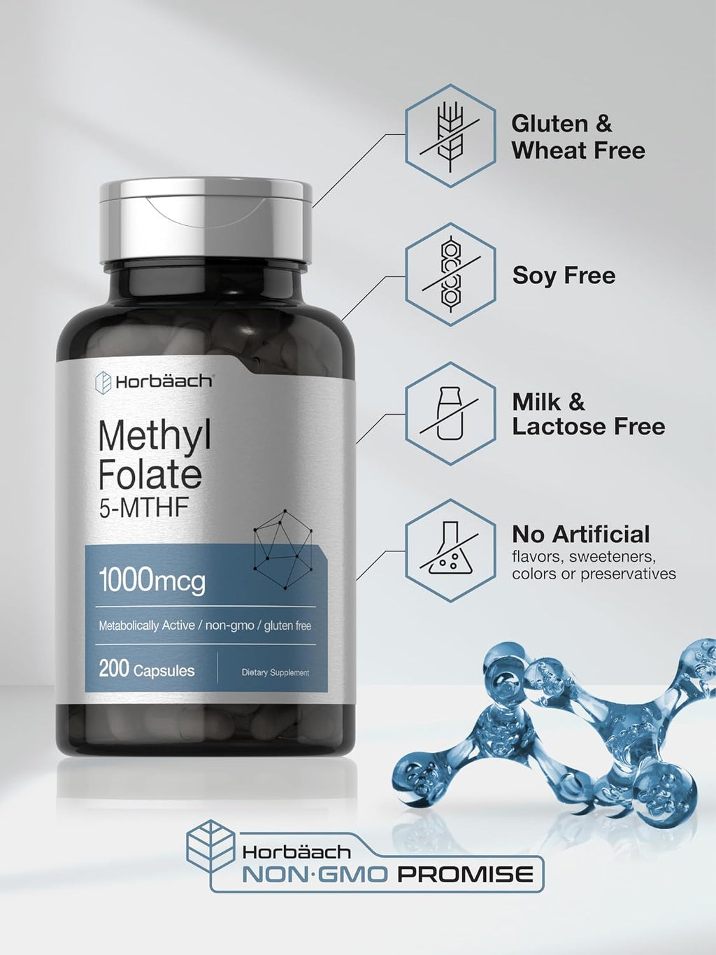 Horbäach Metilfolato | 1000 mcg | 200 Cápsulas | 5-MTHF | Sin Gluten, No-GMO