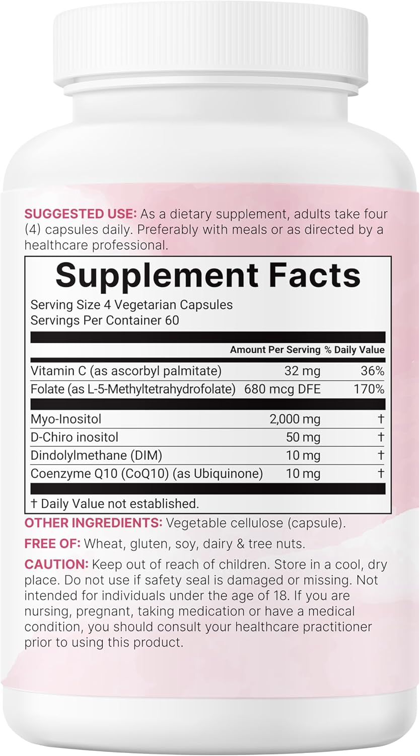 Myo-Inositol & D-Chiro Inositol 2,050mg | 240 Veggie Capsules + Vitamin C, Folate, DIM, & CoQ10 | Inositol Supplement for Women | 40:1 Ratio | Filler Free