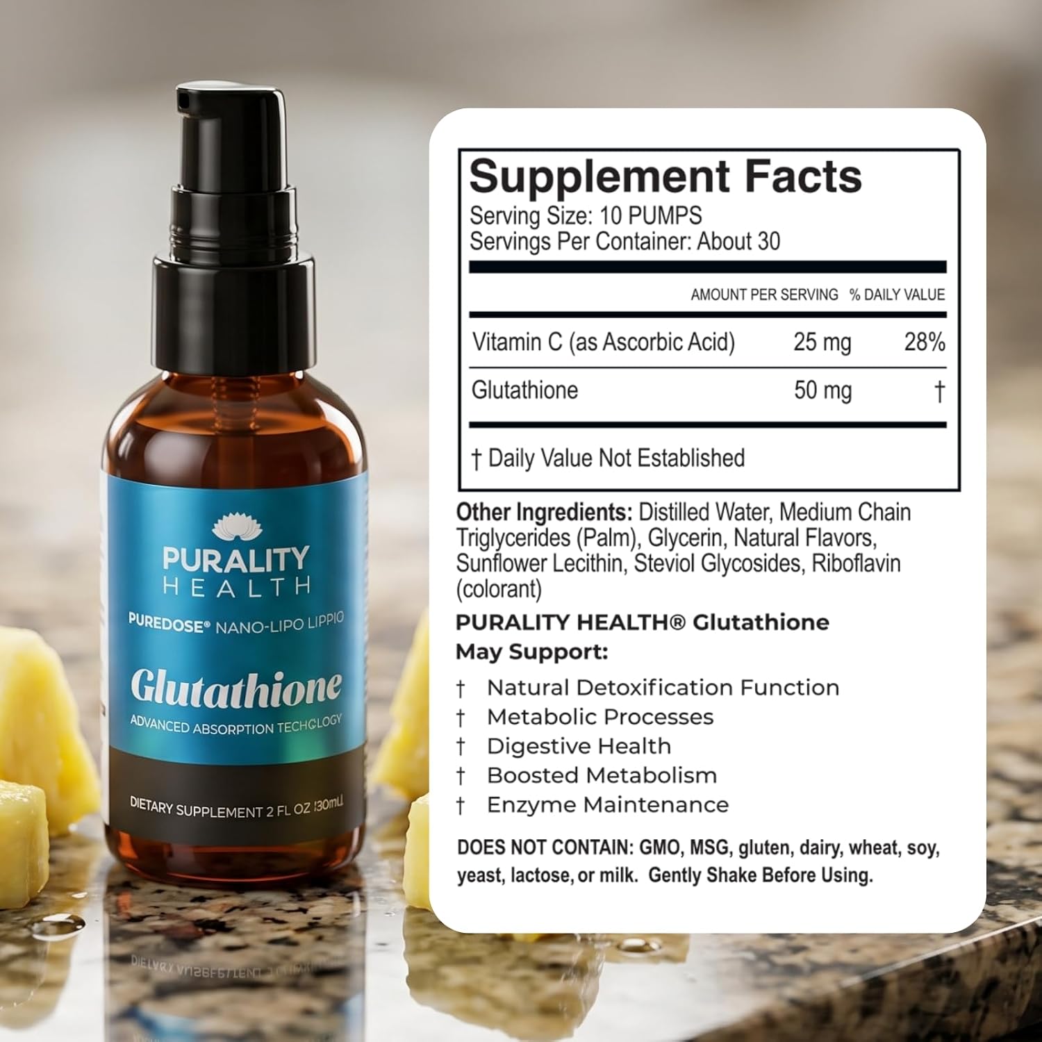 PuraTHRIVE Glutatión Liposomal Nano con Vitamina C | 30 Días de Suministro | Sabor Piña