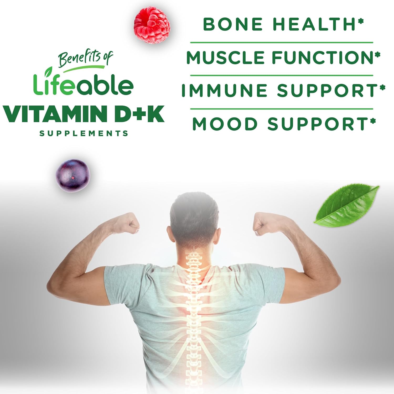 Lifeable Vitamina D3 y K2 Gominolas para Adultos | 1000 UI D3 + 100 mcg K2 | Sabor Fresa | 60 Gominolas
