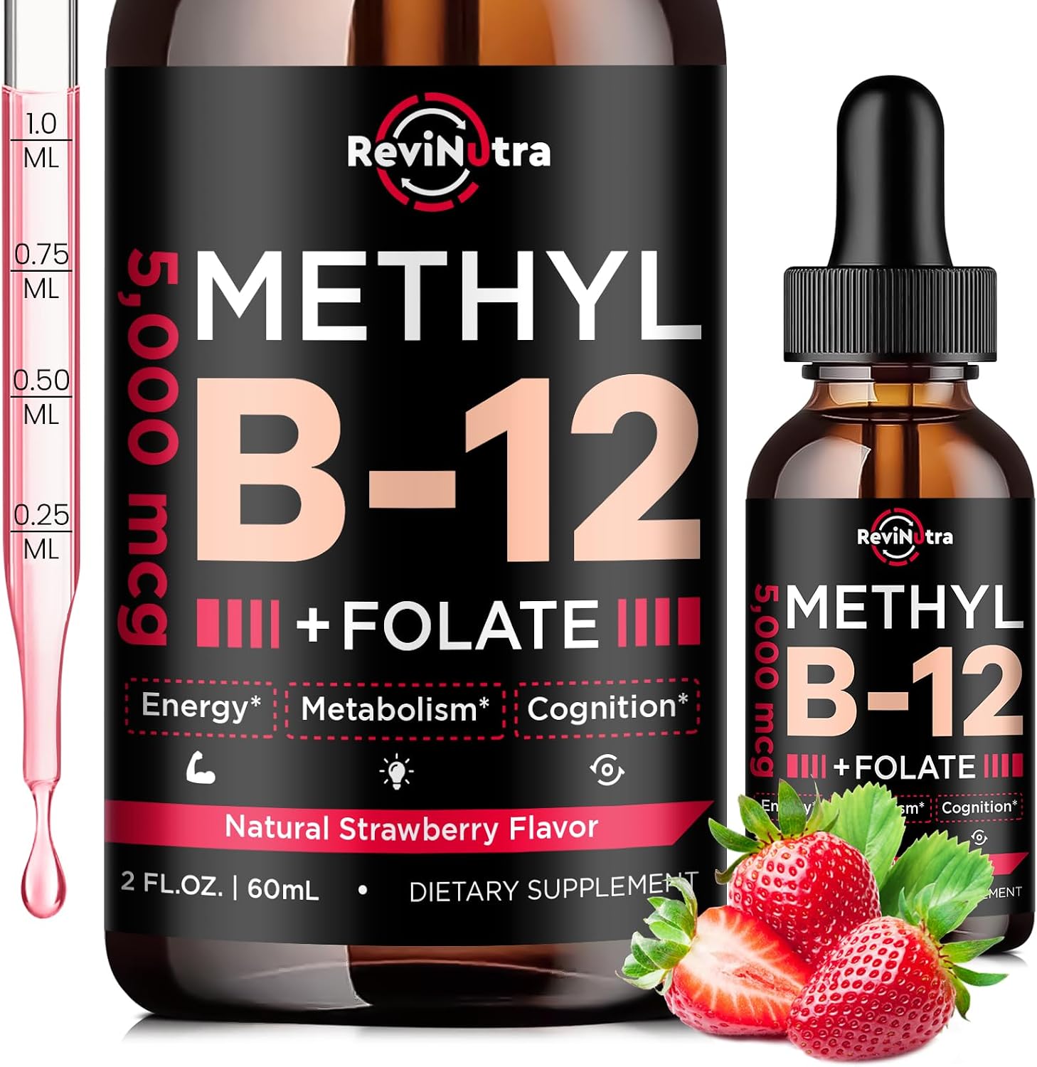 ReviNutra Vitamina B12 Líquida 5000 mcg con Complejo B - Metilcobalamina, B6 y Folato - Sabor Fresa Natural - 60 ml