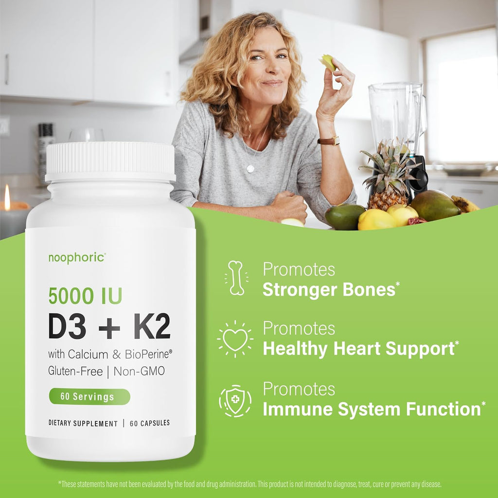 Noophoric Vitamina D3 K2 5000 UI con K2 MK7 y Calcio - 60 Cápsulas