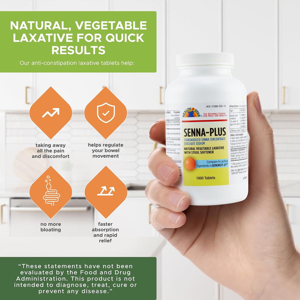 Health Star Senna Plus Laxante y Ablandador de Heces, 1000 Comprimidos