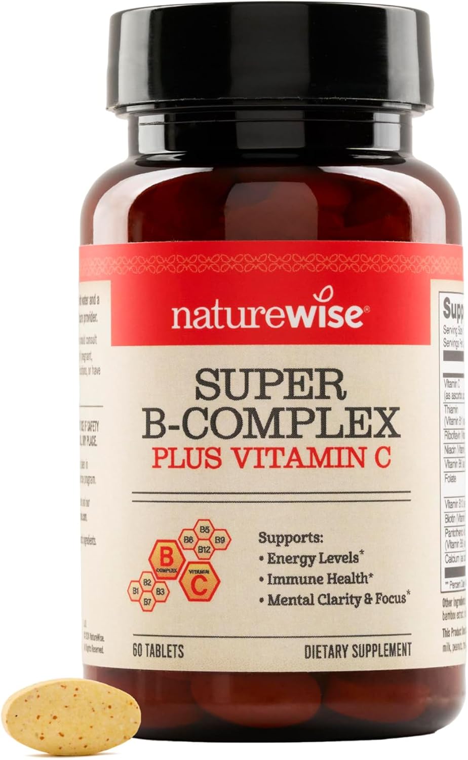 NatureWise Super Complejo B - con Vitamina C, Ácido Fólico, Biotina y Vitaminas B - Vegano, Sin Gluten - 60 Comprimidos