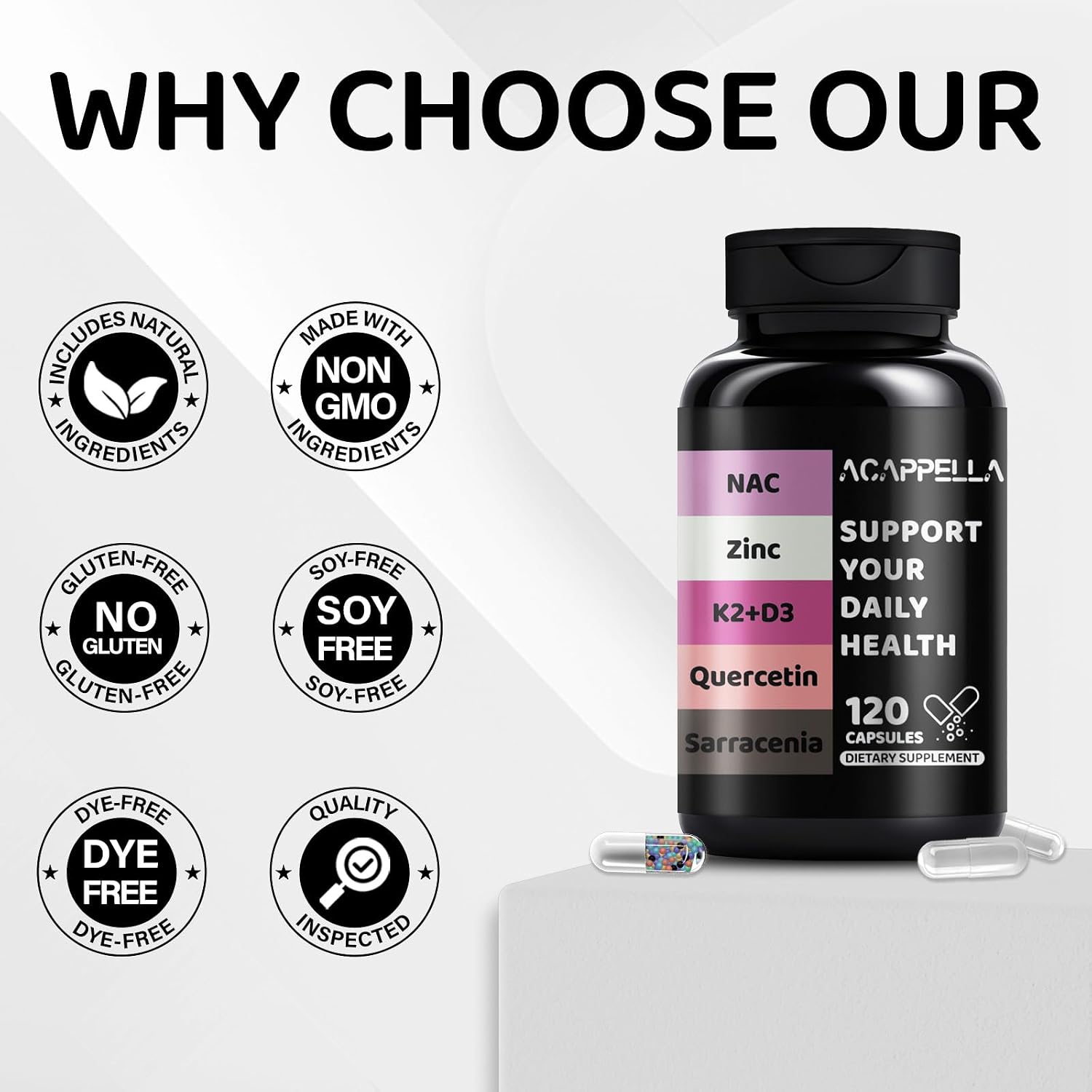 ACAPPELLA N-Acetil Cisteína (NAC) Complejo con Vitamina D3 K2, Zinc, Quercetina, Sarracenia, Saúco, Propóleo y Más - 120 Cápsulas