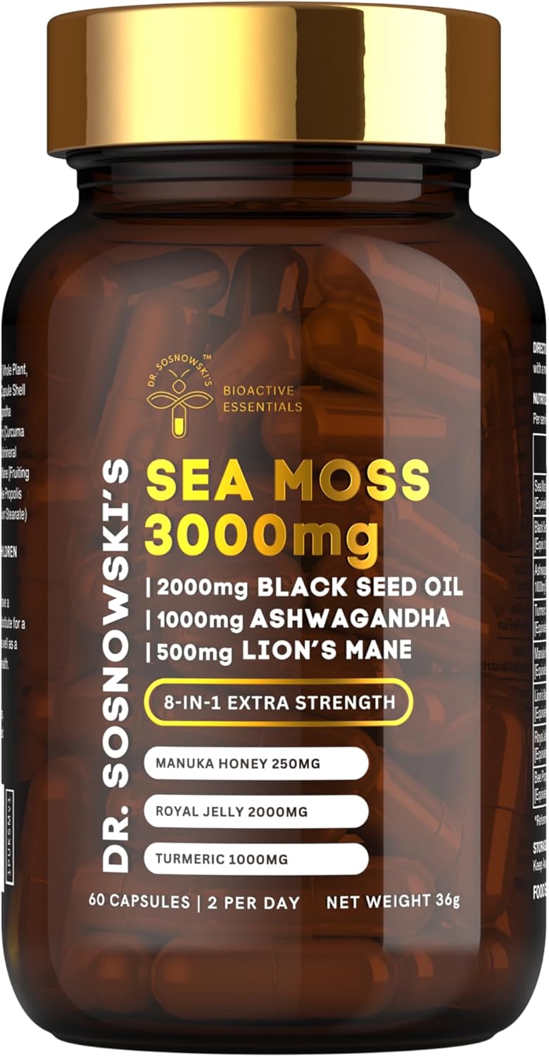 Dr Sosnowski's BioActive Sea Moss | Fórmula 8-en-1 con Musgo Marino, Semilla Negra, Ashwagandha, Cúrcuma, Miel de Manuka, Melena de León, Jalea Real y Propóleo de Abeja | 60 Cápsulas