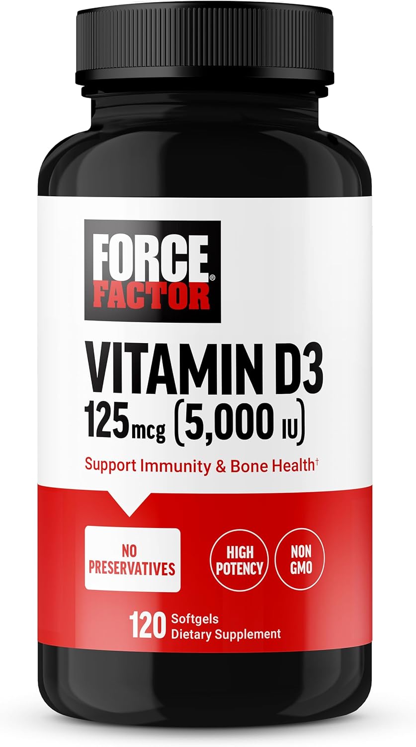 Force Factor Vitamina D3 5000 UI, 120 Cápsulas Blandas – Suplemento de Alta Potencia para Huesos e Inmunidad