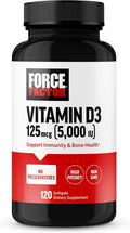 Force Factor Vitamina D3 5000 UI, 120 Cápsulas Blandas – Suplemento de Alta Potencia para Huesos e Inmunidad