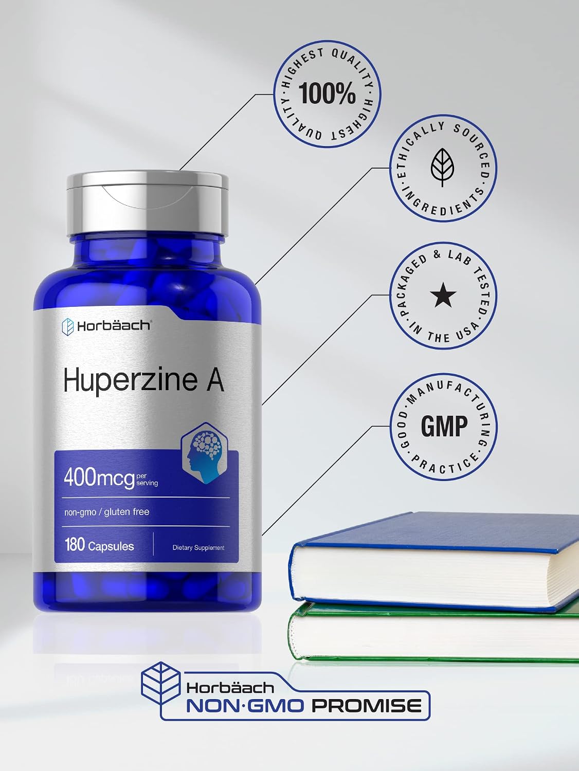 Horbäach Huperzina A 400 mcg – 180 Cápsulas – Complemento Alimenticio No Transgénico Sin Gluten